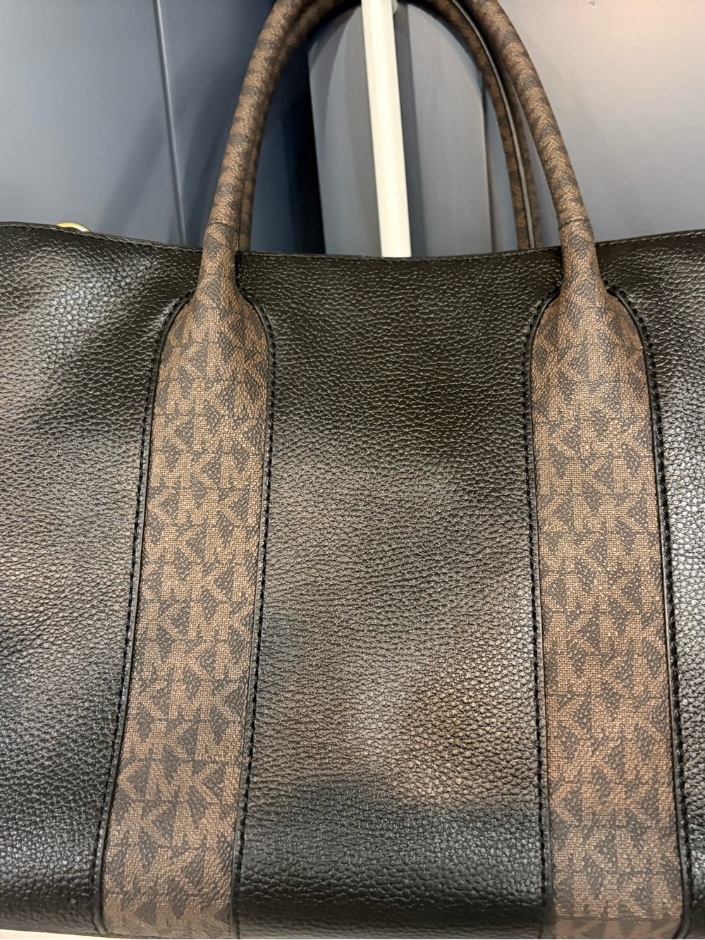 Michael Kors Black Duffel with Brown MK Signature Straps